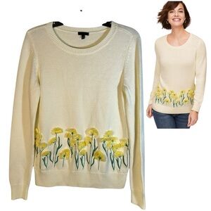 Talbots Sweater Long Sleeve Knit Pullover Embroidered 3D Floral Ivory Size XS